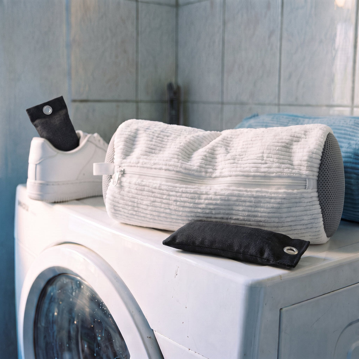 Basket propre avec un sachet de charbon, à côté du sac de lavage Kickow sur la machine
