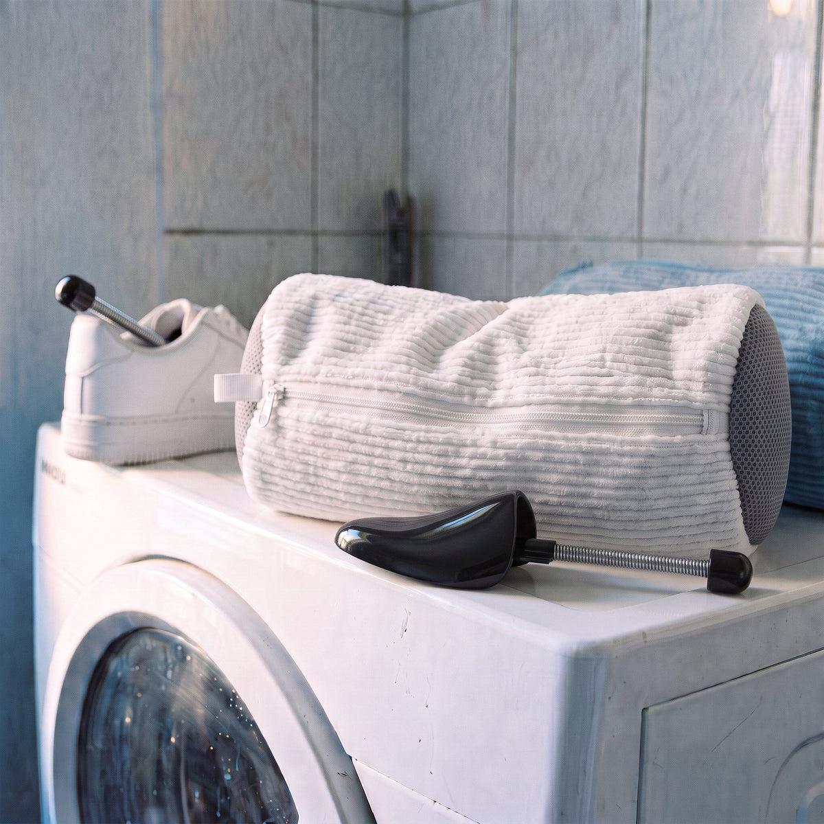 Basket lavée qui sèche avec son embauchoir, à côté du sac de lavage Kickow sur la machine