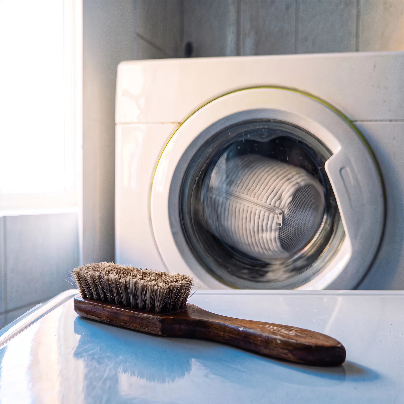 Une brosse à chaussures posée sur la machine pendant que le sac de lavage tourne dans le tambour