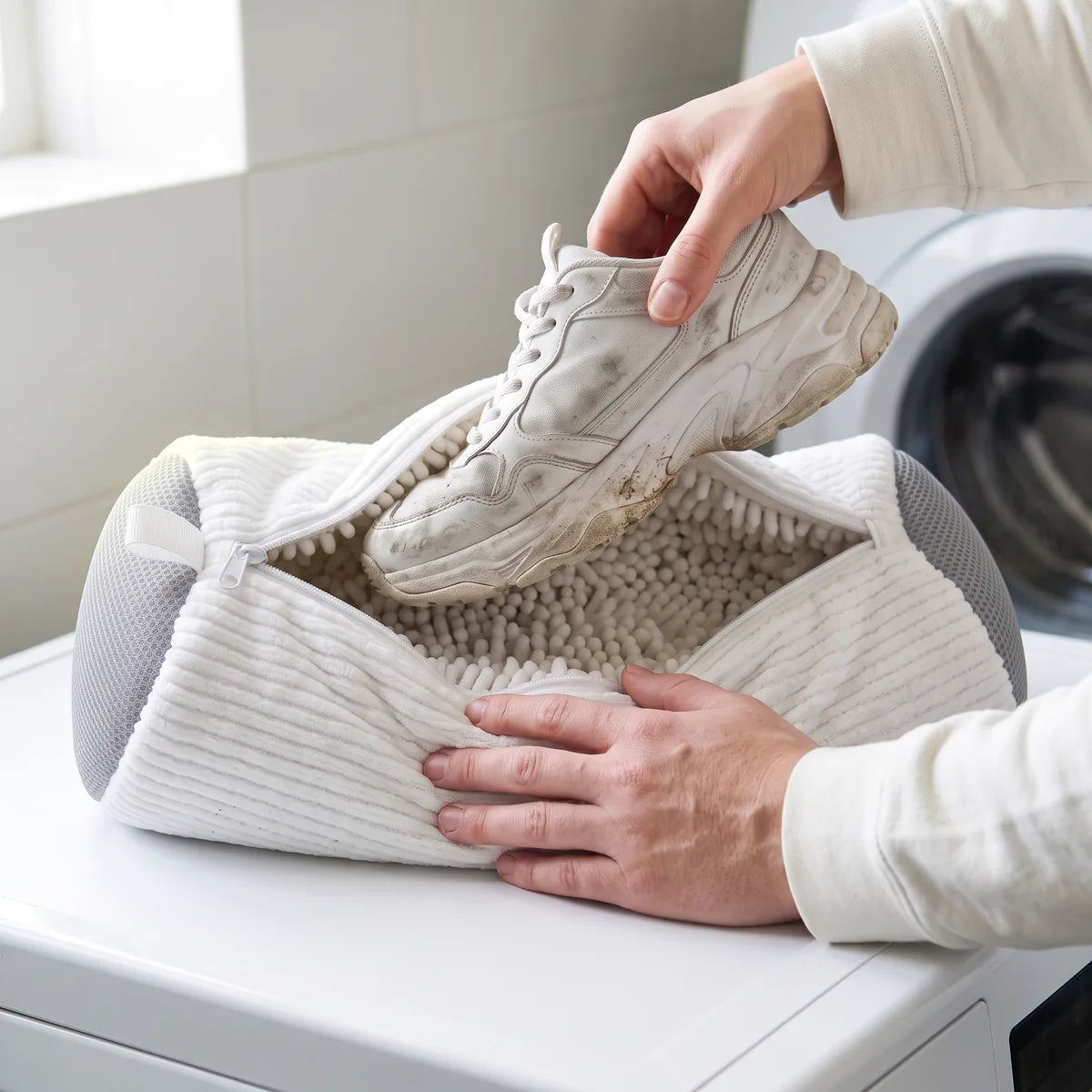 Une sneaker sale glissée dans le sac de lavage Kickow, ouvert sur ses microfibres