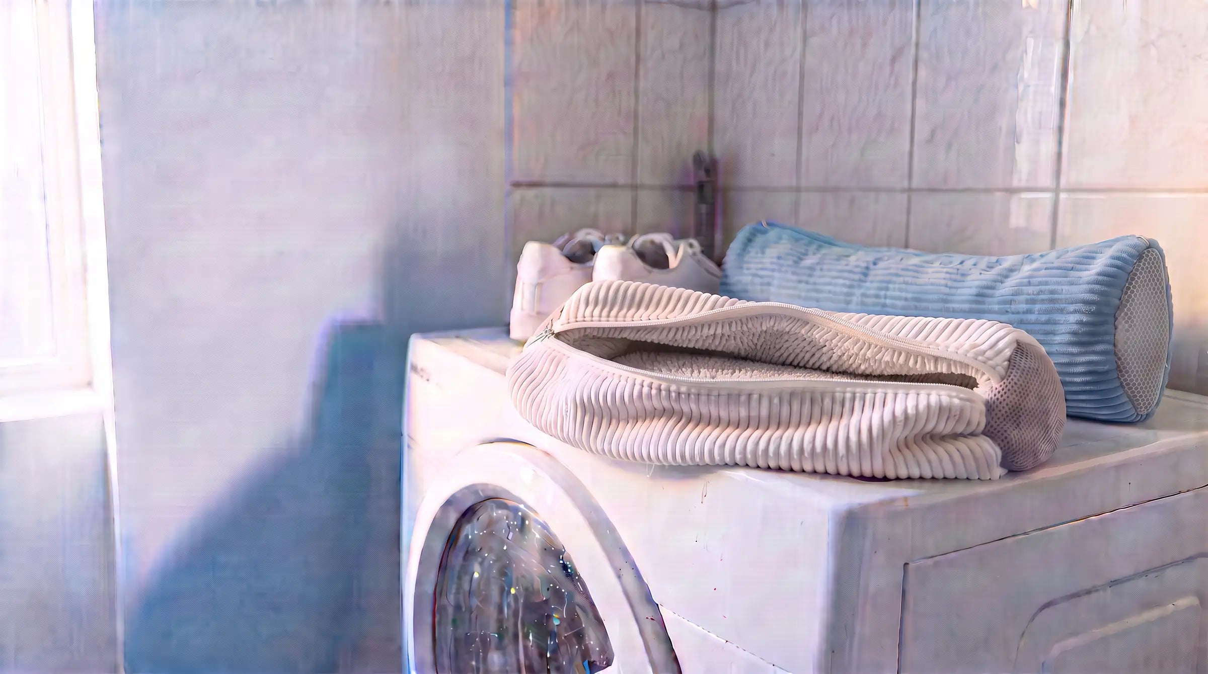 Un sac de lavage Kickow blanc, ouvert sur le lave-linge, doublure microfibre visible, et un sac bleu posé derrière