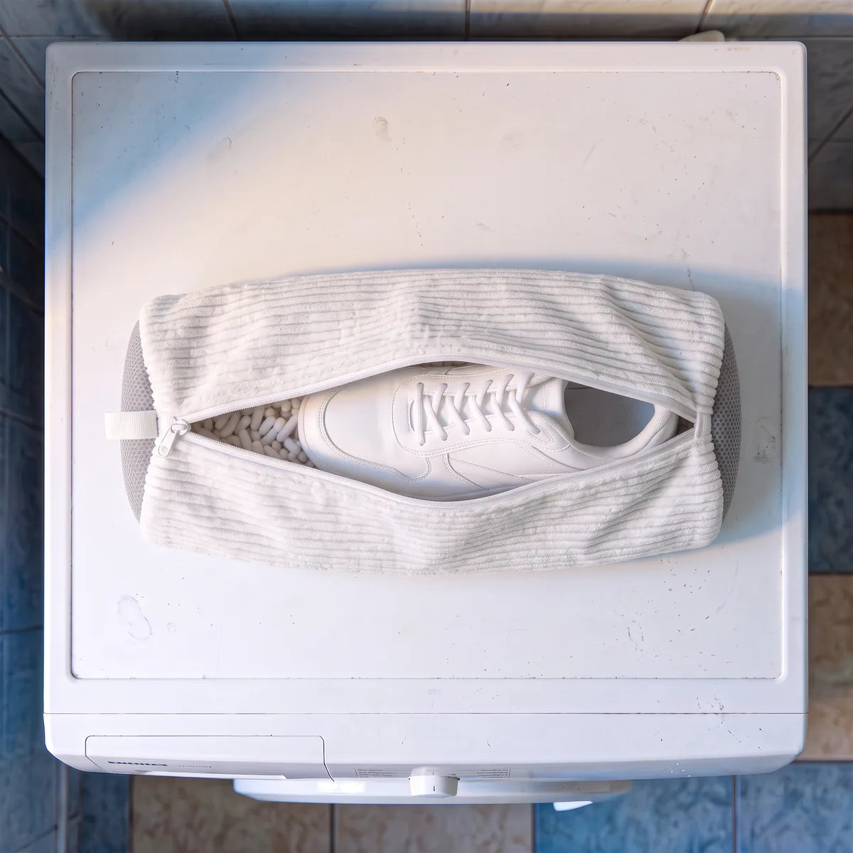 Le pack Solo : un sac ouvert sur une sneaker blanche, posé sur la machine