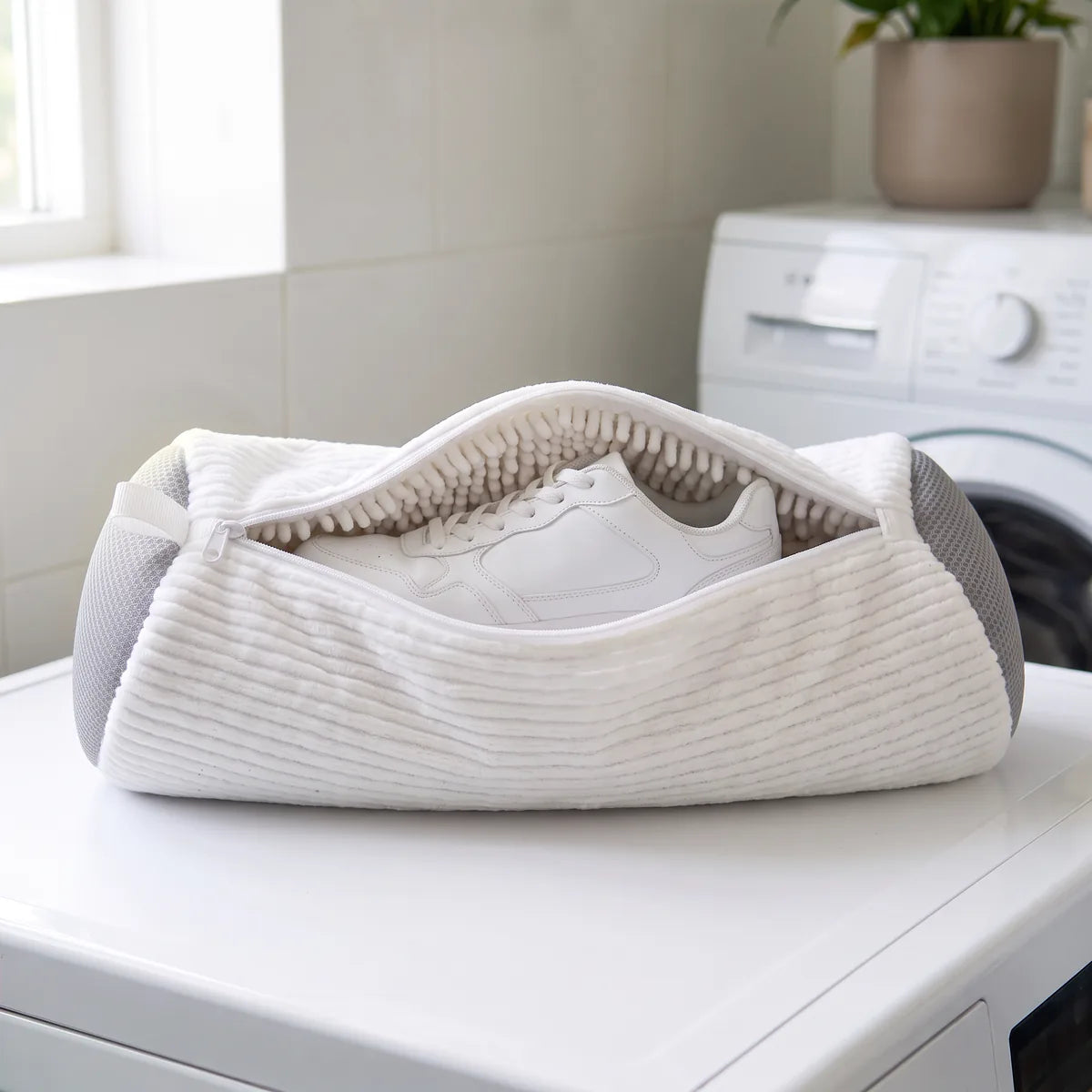 Le sac ouvert avec une sneaker adulte posée à l'intérieur, sur le lave-linge