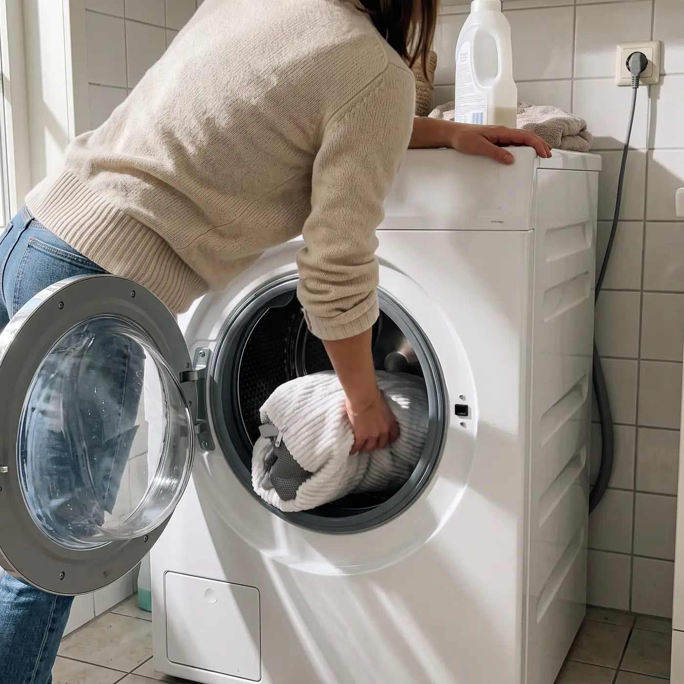 Le sac de lavage glissé dans le tambour du lave-linge