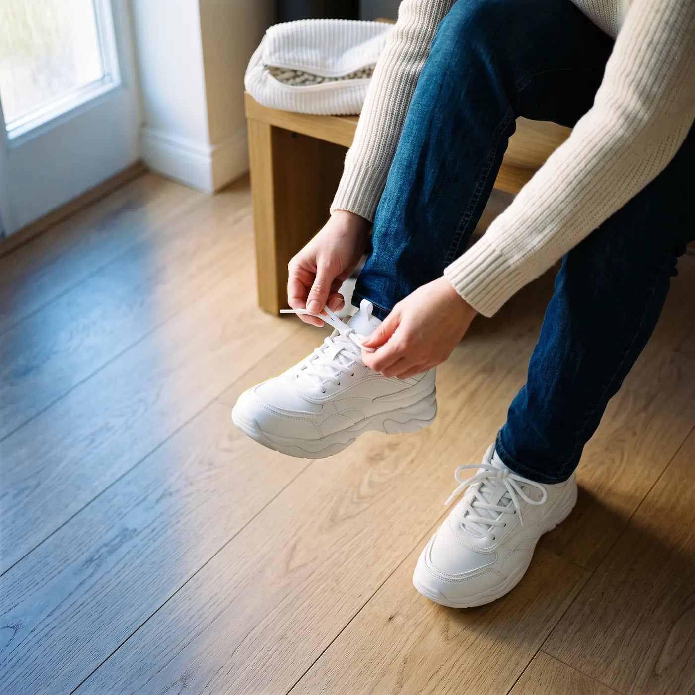 Une paire de sneakers blanches qu'on relace dans l'entrée, avant de sortir